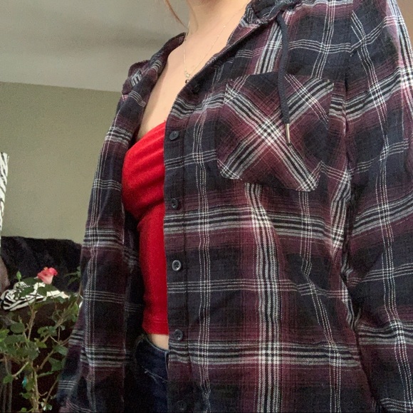 Checkered Red Button Down Hooded Shirt - Picture 2 of 3